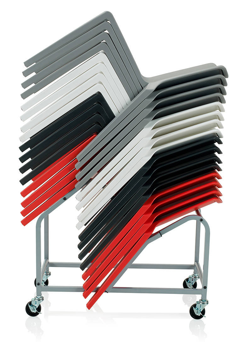 P3 chair can also stack up to 16 high on a purpose-made transport and storage dolley